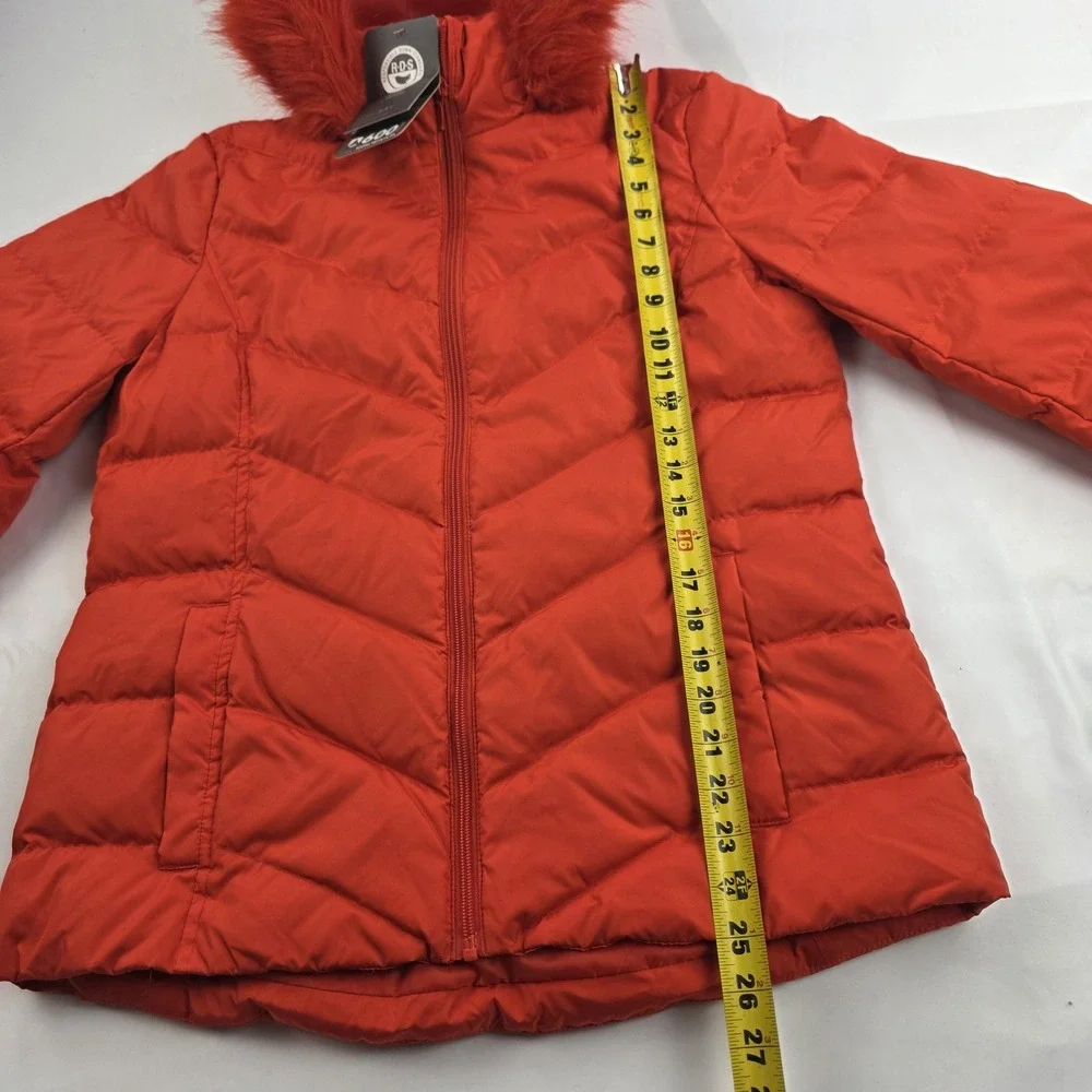 Lands' End Jacket Kids 10-12 Orange Down Puffer Hood Faux Fur Trim 600 Fill